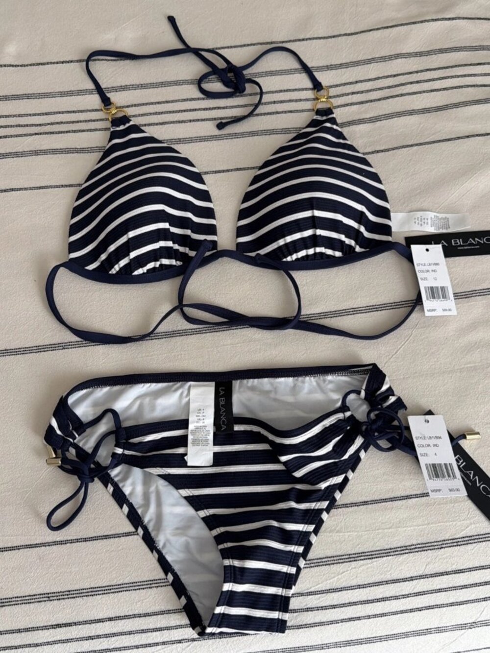 La Blanca Swim Bikini set, Navy/White stripes Island Goddess Side Tie NWT